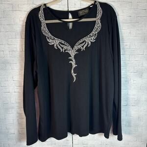 Bob Mackey black top white embroidered sheer plunging collar long sleeve